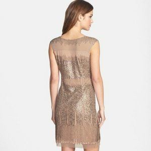 Adrianna Pappell Taupe Sleeveless Illusion Yoke Beaded Sheath Cocktail Dress